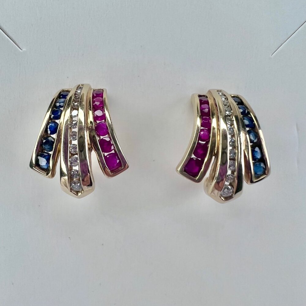 Patriotic Earrings Vtg 10K Gold Ruby, Sapphire, Diamond Channel Set Earrings